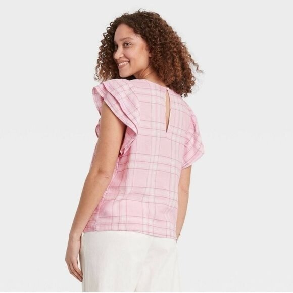 Pink Plaid Ruffle Sleeve Blouse XL By A New Day Lightweight Cotton Blend - Picture 2 of 10
